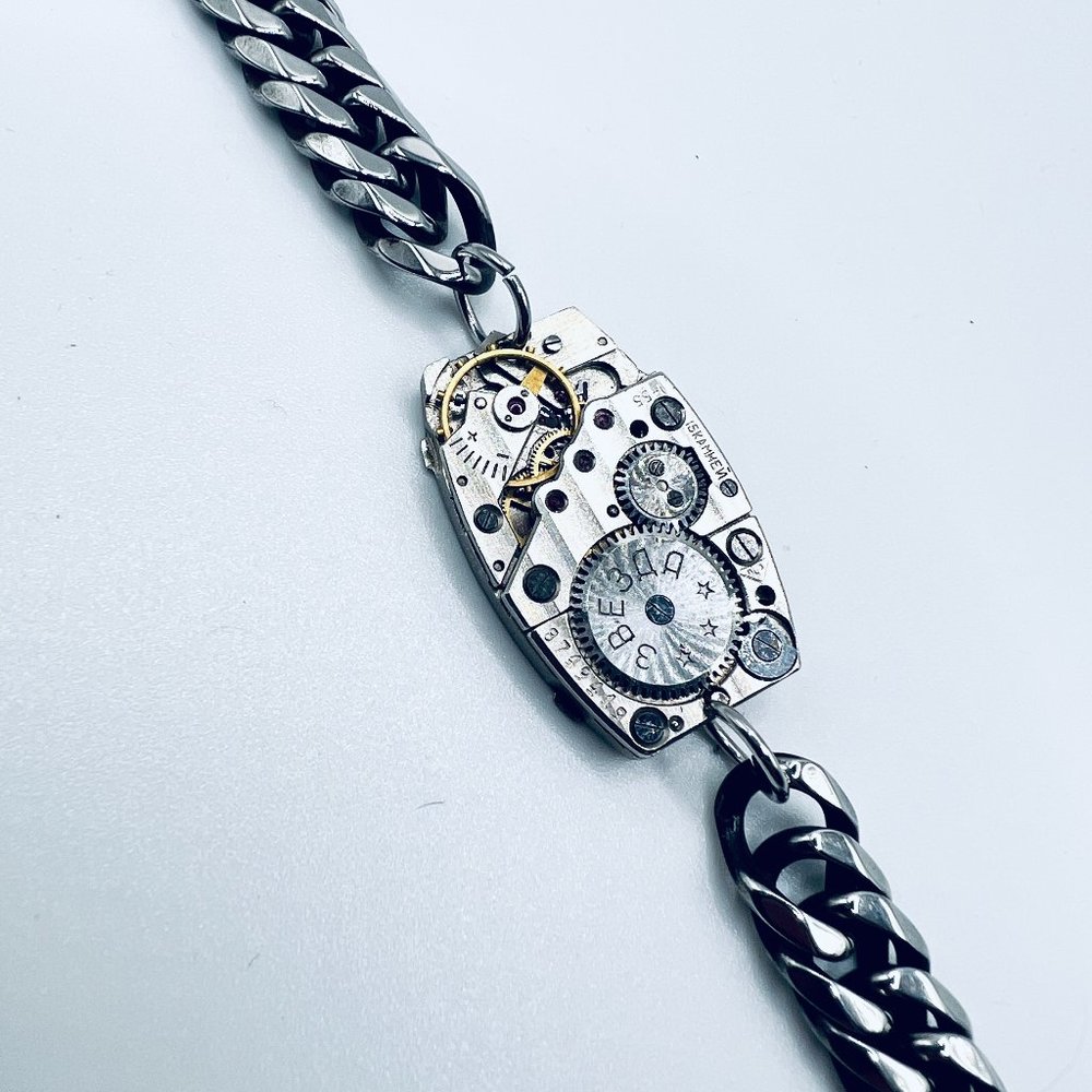 Steampunk Bracelet - Men's Silver Heavy Link Art Deco Bracelet